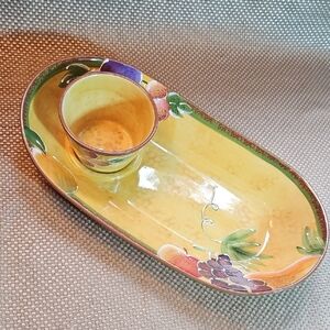 Hand Painted Glazed Pottery Chip & Dip Salsa Plate w Bowl Vintage